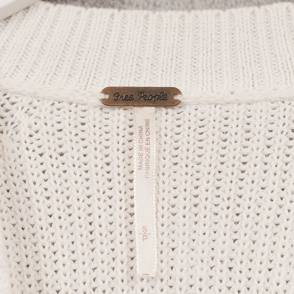 FREE PEOPLE Mixed Media Cold Shoulder Sweater Balloon Sleeve Beachy Ivory Sz S - Picture 6 of 7